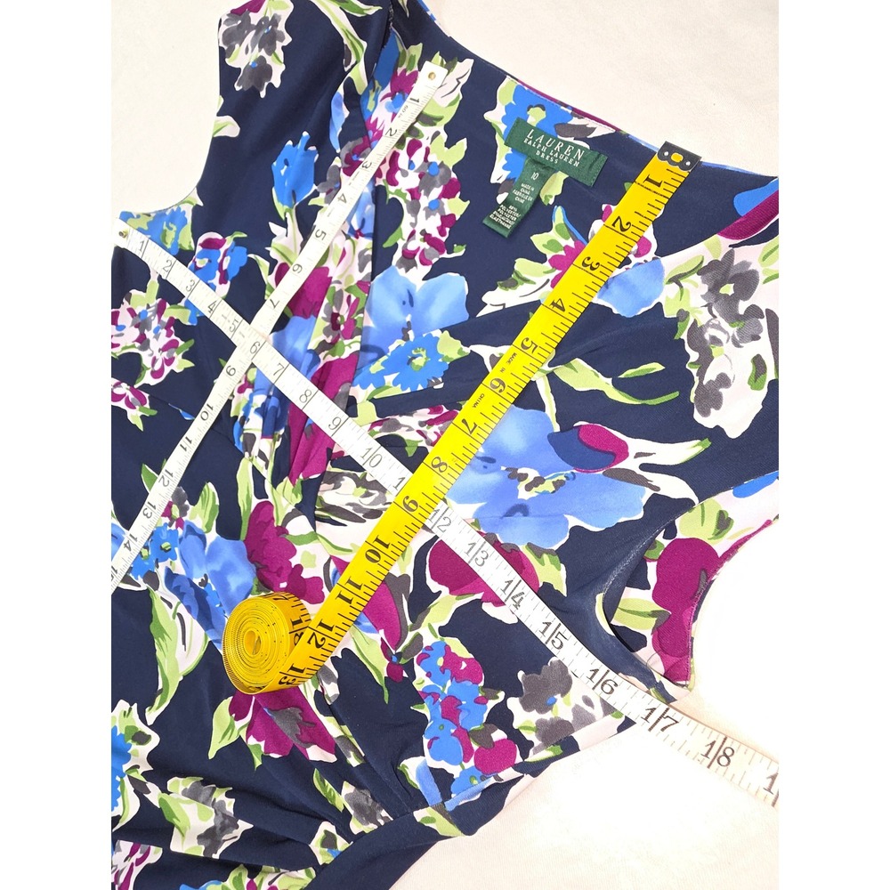 Lauren Ralph Lauren Navy Blue Floral Ruched V-Neck Sheath Dress Womens 10 - Picture 4 of 9